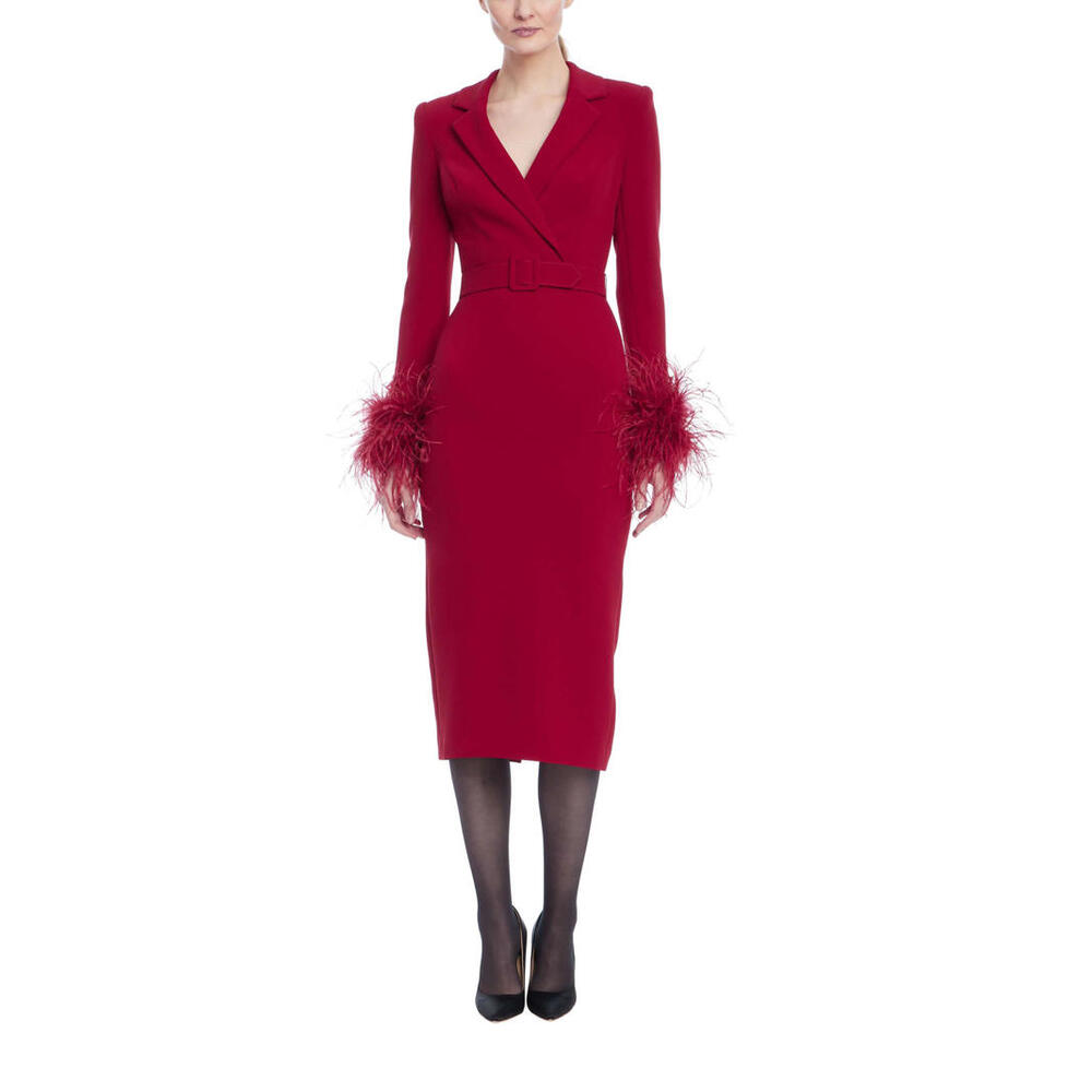 Badgley Mischka sz 0 Feather Trim Belted Sheath Long Sleeve Red Dress $700